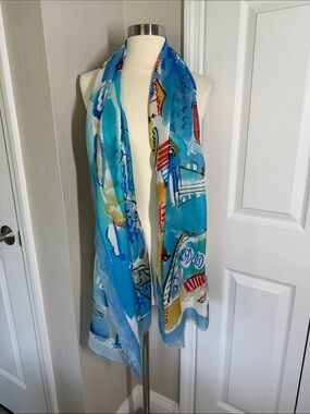 Lily O’s “Little Joie de Vivre” by Tom Vieth scarf sailboat scene art to wear
